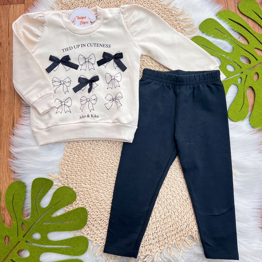  Conj. Casaco de Moletom Tied Up in Cuteness e Calça Legging - Areia e Preto